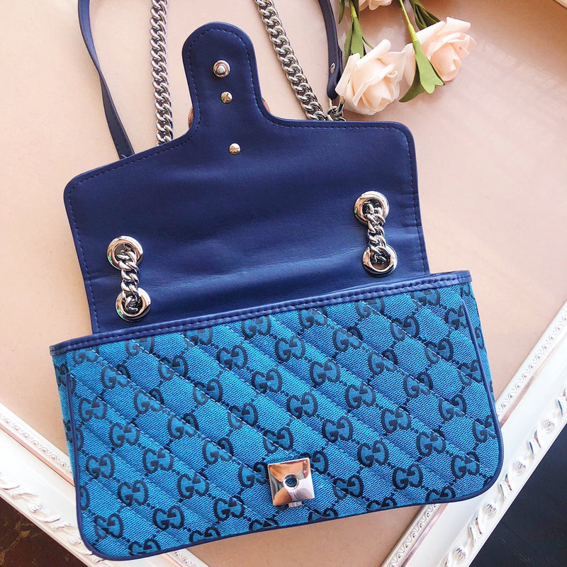 Gucci GG Marmont Small Shoulder Bag – Quilted GG Canvas Pink Purple & Green Navy