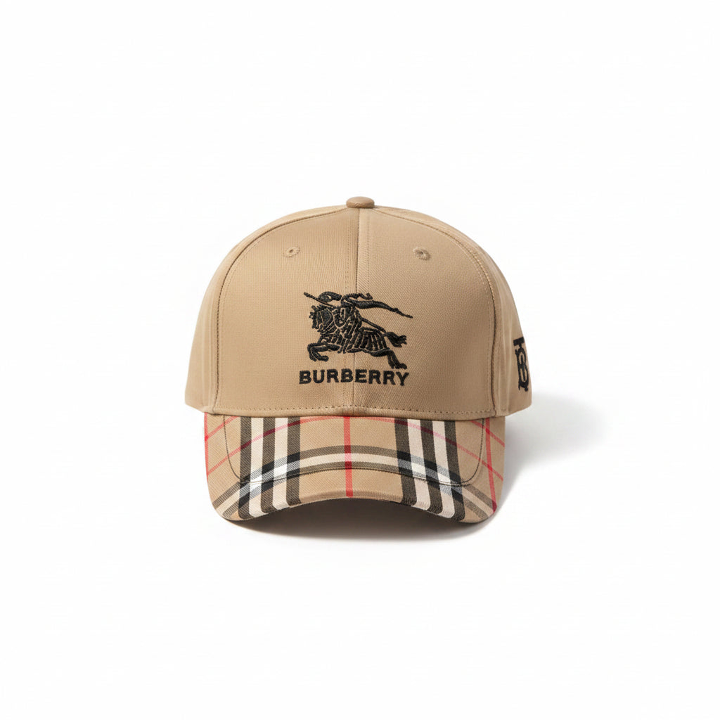Luxury Heritage Check Brim Baseball Cap with Embroidered Knight Logo
