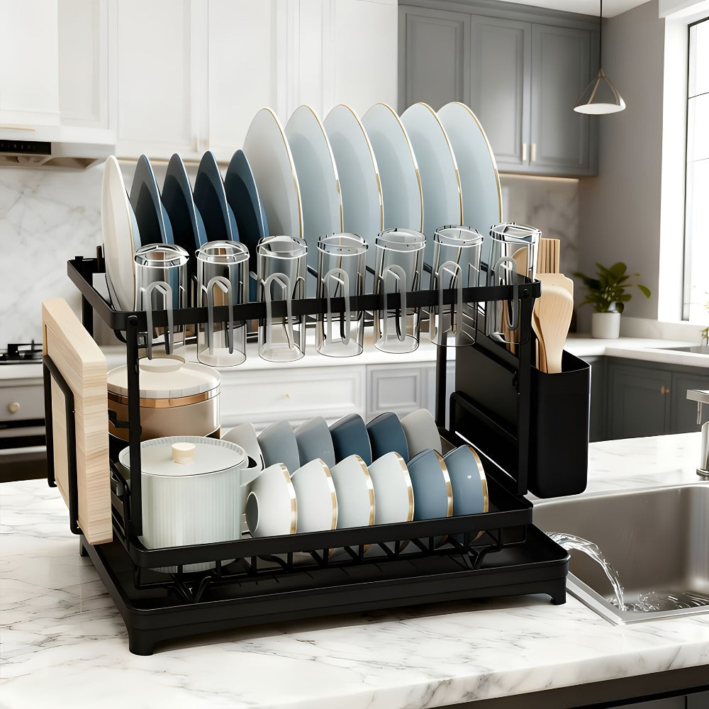 2-Layer Dish Drying Rack Kitchen Countertop Organizer - Dish Drain Rack with Knife Holder, Cup Rack & Cutlery Holder for Bowls, Chopsticks & Utensils, Black Assembled Dish Drainer