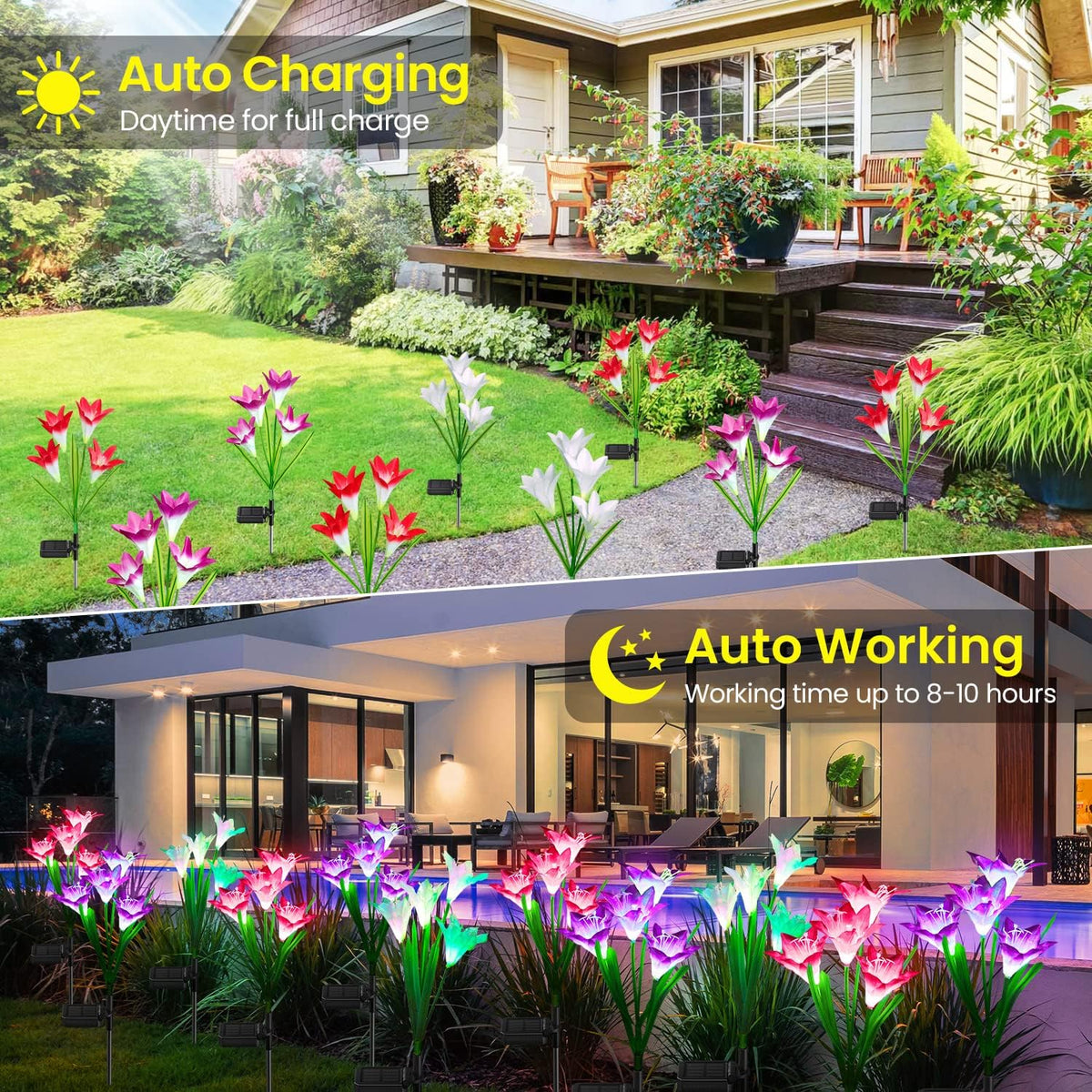 4-Pack Solar Powered Garden Flowers with Lights - Waterproof, Easy Install, No Wiring Needed