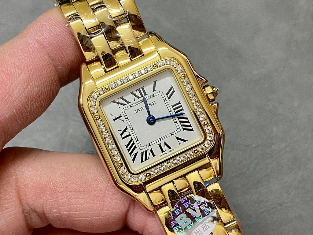 Cartier Panthère de Cartier – Yellow Gold Diamond Bezel White Roman Numeral Dial Blue Sword Hands Gold Panthère Bracelet