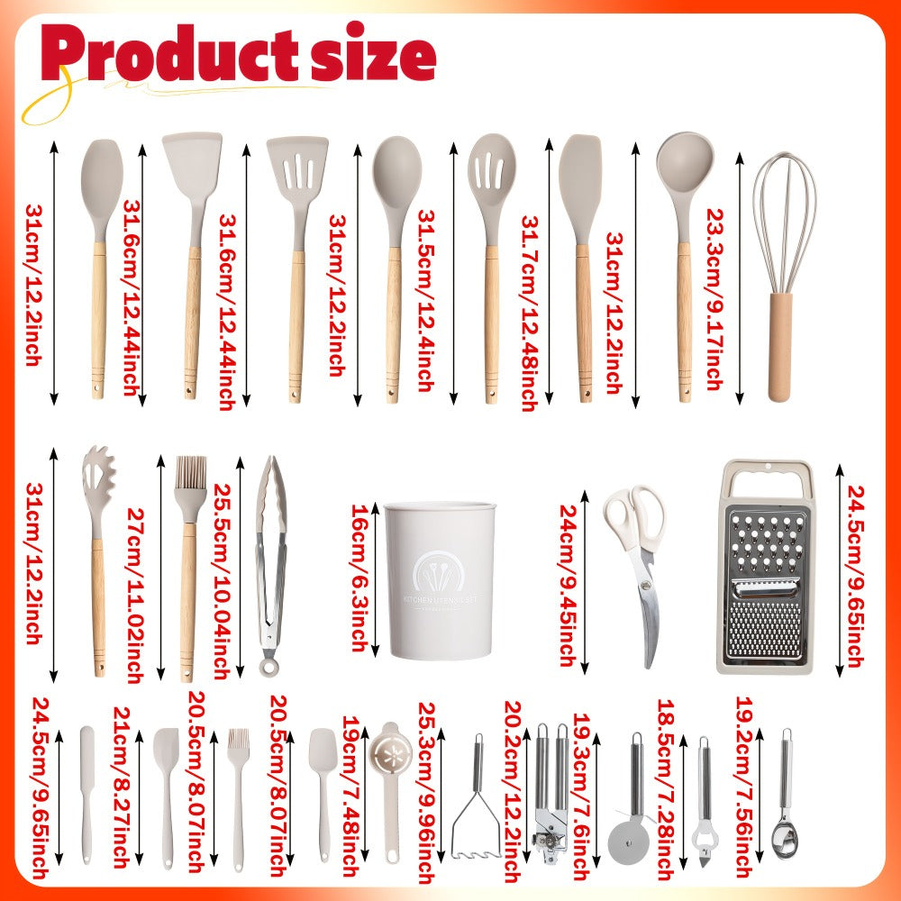 Silicone Kitchen Utensil Set 12PCS with Wooden Handle - Heat Resistant Non-Stick Safe for Home Cooking, Dining and Outdoor Meals