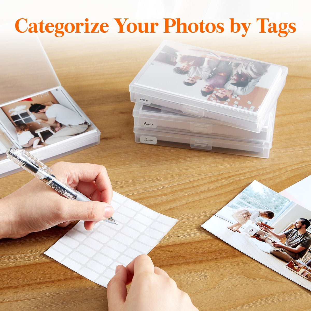 4x6 Photo Storage Box with 14 Inner Photo Keeper Cases Holds 1400 Photos Clear Plastic Photo Organizer with Lids Label Stickers BPA-Free for Cards Pictures Stamps Craft Office Supplies