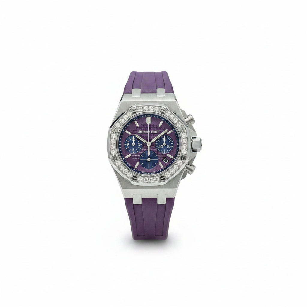 Audemars Piguet Royal Oak Offshore Chronograph – Steel Diamond Bezel Purple Mega Tapisserie Dial Date Purple Rubber Strap