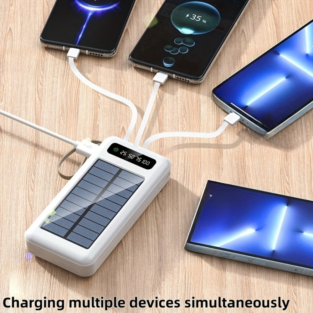 Solar Power Bank for Portable Device Charging, Built-In Cables and Digital Display, 10000-30000mAh