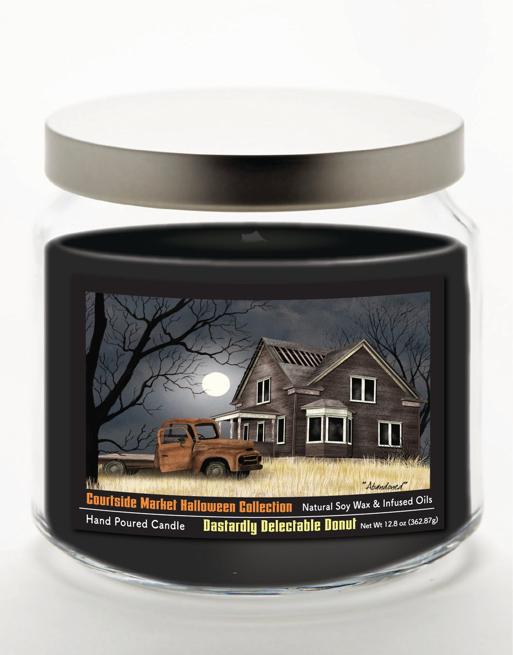 Halloween Collection Barn Moon Light 12.8 Oz Candle Glass Jar with Brushed Silver Metal Lid