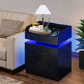 Wooden Nightstand with LED Ambient Light & Charging Station, Fabric Drawer, Blue Glow for an Everyday Personal Care Routine
