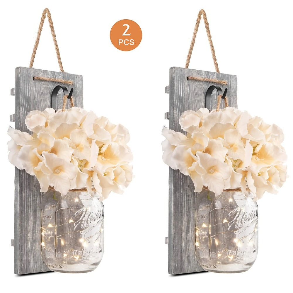 Mason Jar Wall Sconces Set of 2 - Rustic Farmhouse Wall Decor with Ivory Hydrangea Flowers