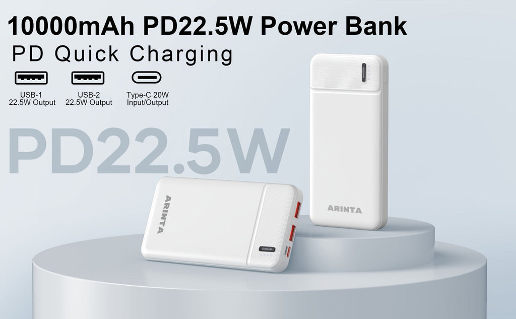Power Bank 10000mAh Slim with 22.5W PD, 20W USB-C Input/Output and Dual USB-A Ports in Black or White