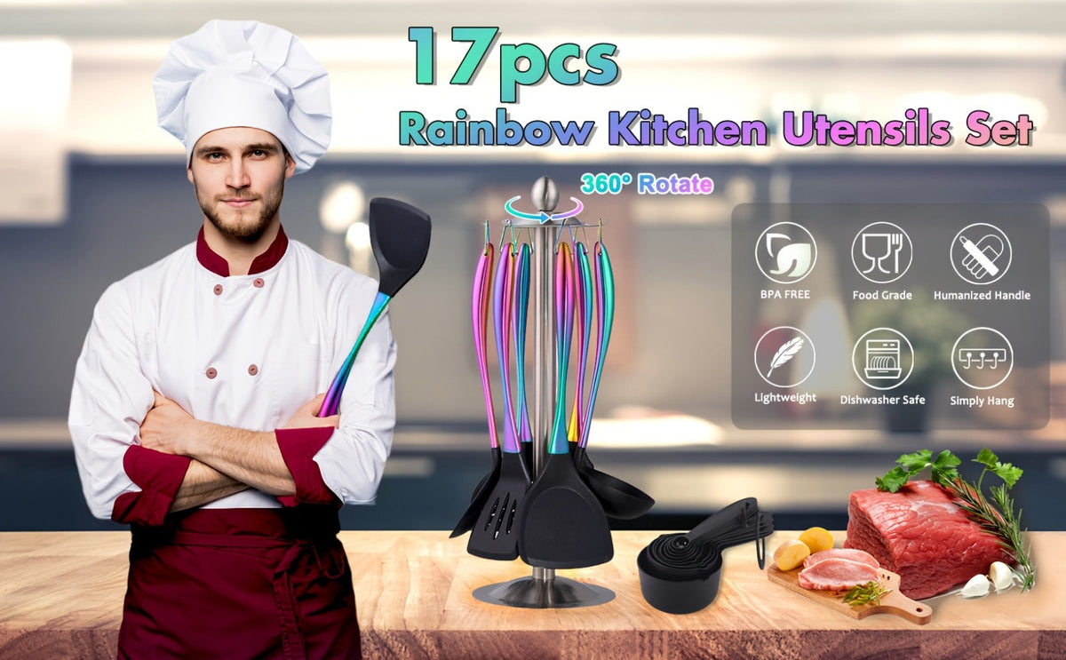 Silicone Cooking Utensils Set 17 Piece Rainbow Titanium with Rotating Holder - Heat Resistant Non-Stick Spatulas