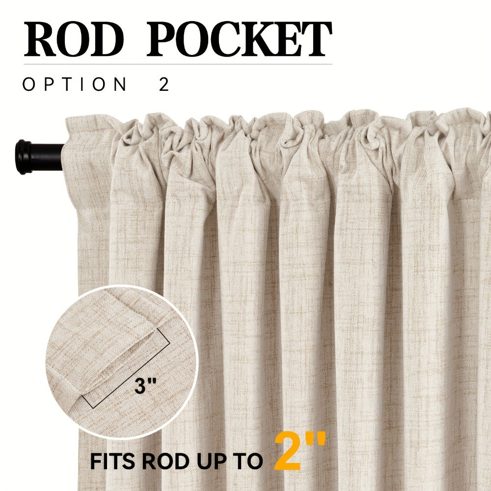 Four Faux Linen Textured Panels with Thermal Insulation and Rod Pockets for Living Room and Bedroom, 100% Blackout Curtains