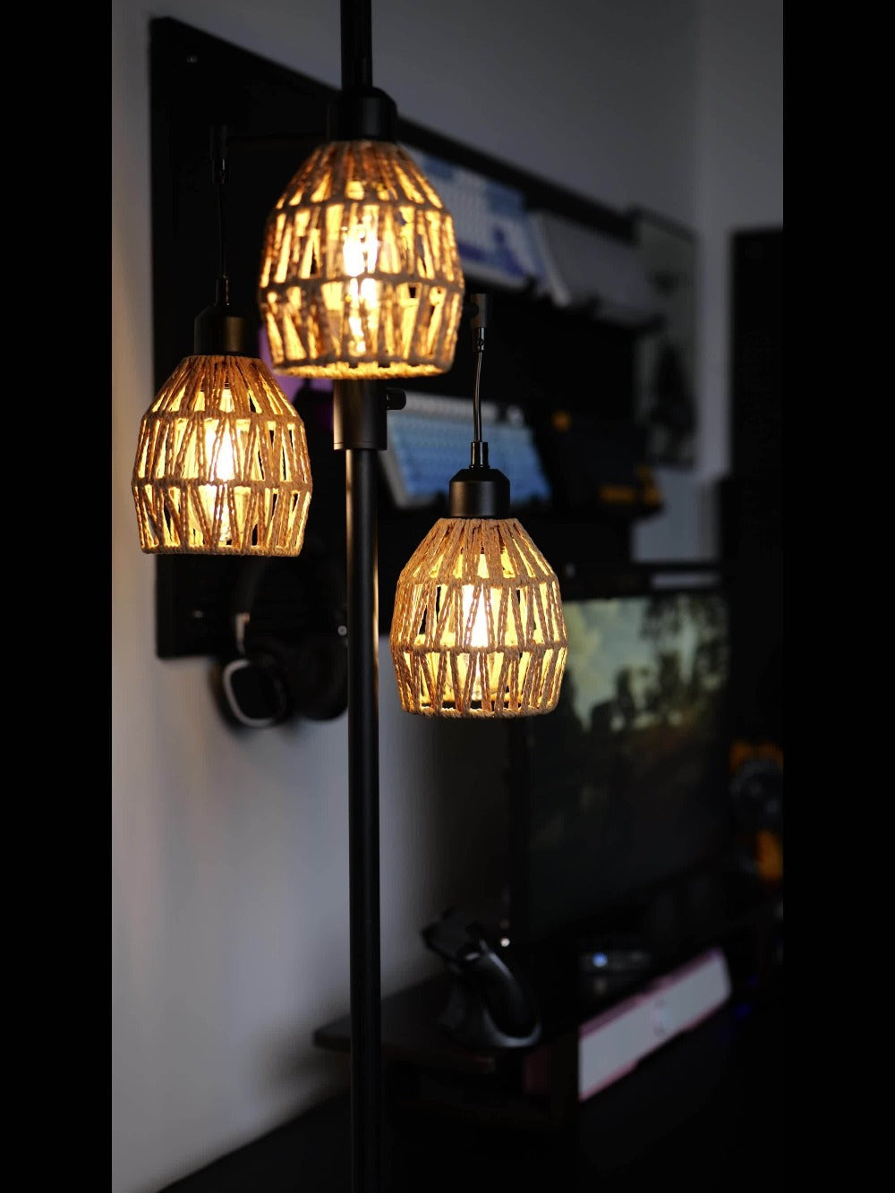 Boho Dimmable 3-Light Stepless Dimming Standing Lamp, Dining Room Warm Bohemian Home Lighting, Rattan Floor Lamp