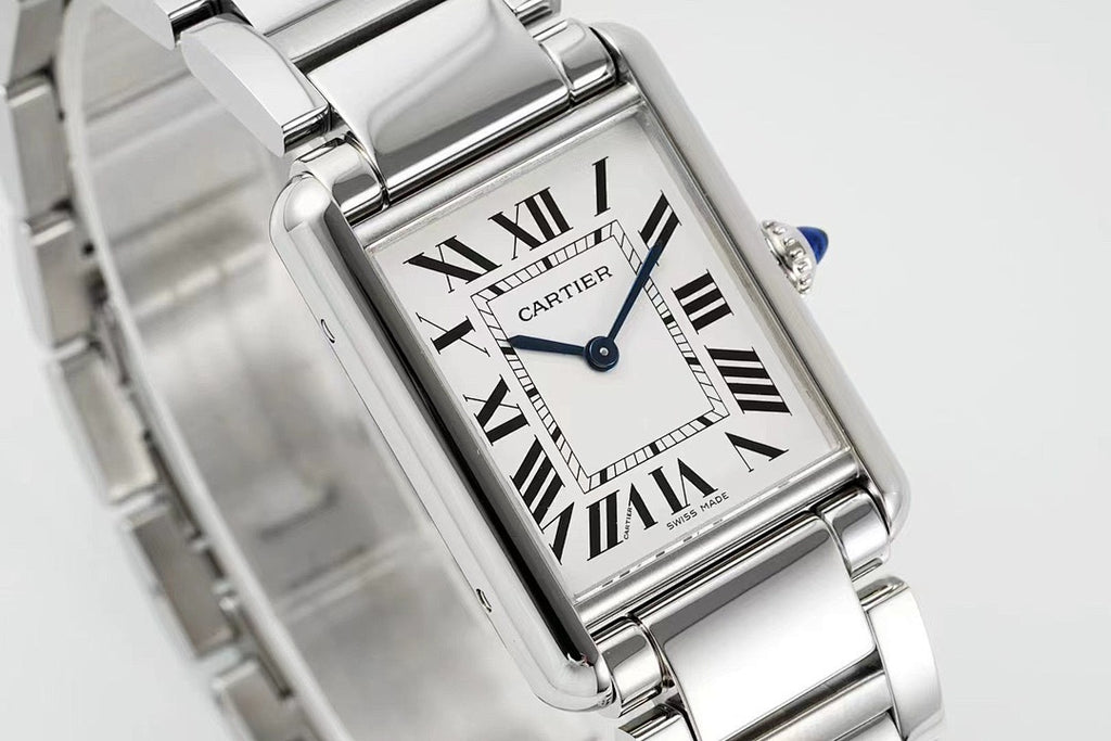 Cartier Tank – Steel White Roman Numeral Dial Blue Sword Hands Sapphire Crown Steel Bracelet