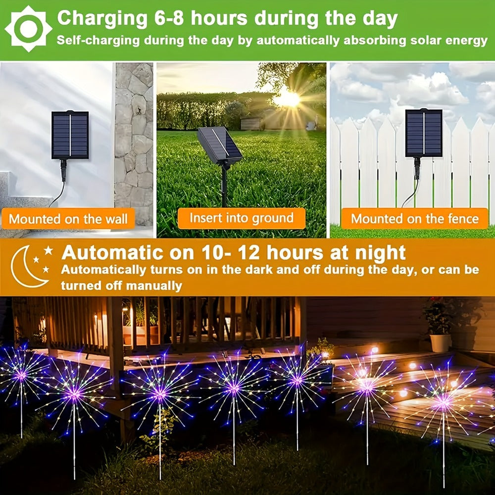 Solar Garden Lights, Four-Pack Firework-Style Outdoor Stakes with Eight Modes and Multicolor LEDs