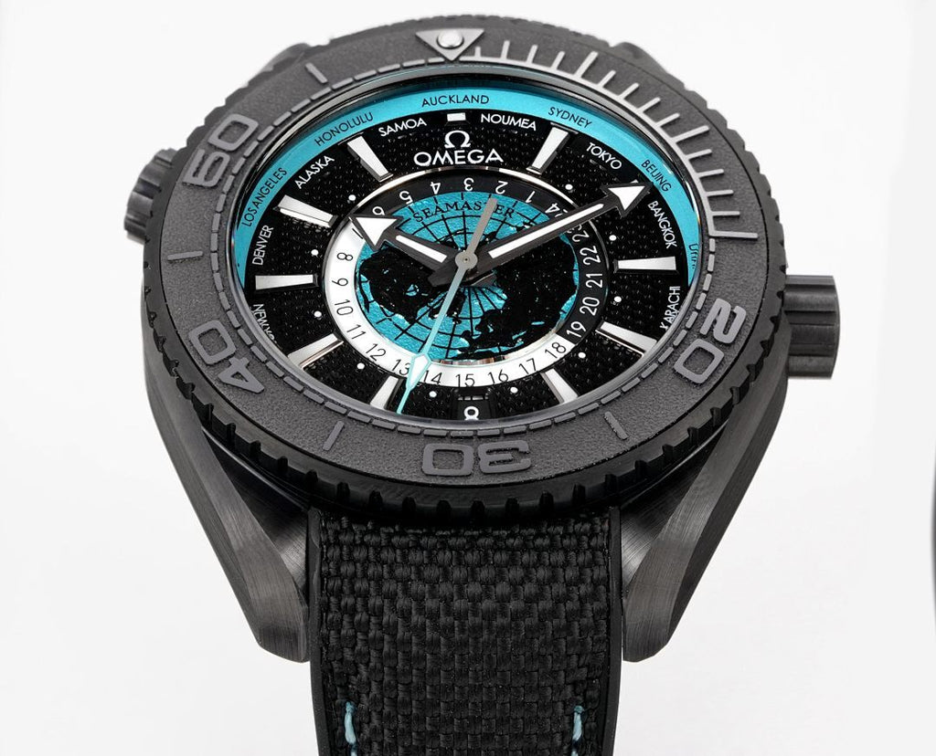 Omega Seamaster Planet Ocean Ultra Deep World Timer GMT – Black Ceramic Turquoise World Map Dial 24-City
