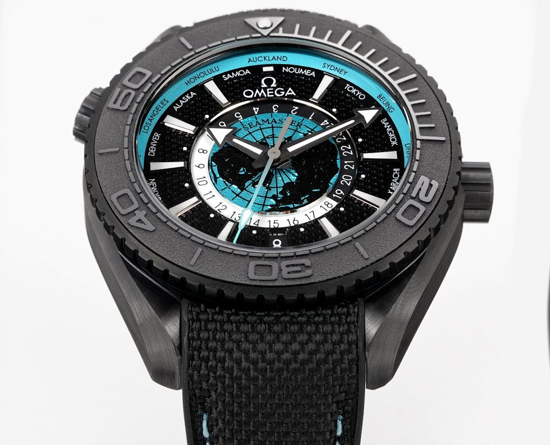 Omega Seamaster Planet Ocean Ultra Deep World Timer GMT – Black Ceramic Turquoise World Map Dial 24-City