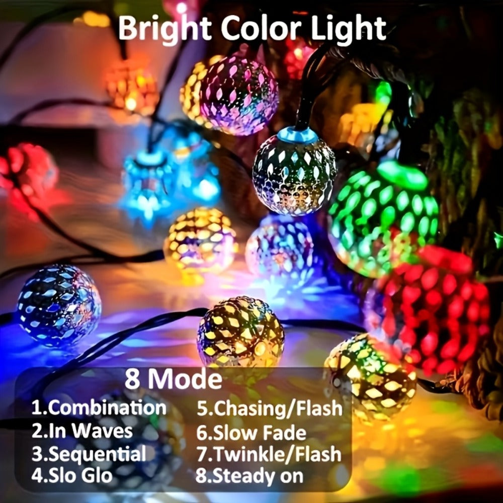 Moroccan Solar String Lights Outdoor - Metal Sphere Fairy Lights with 20/30/50 LED Beads, 8 Modes