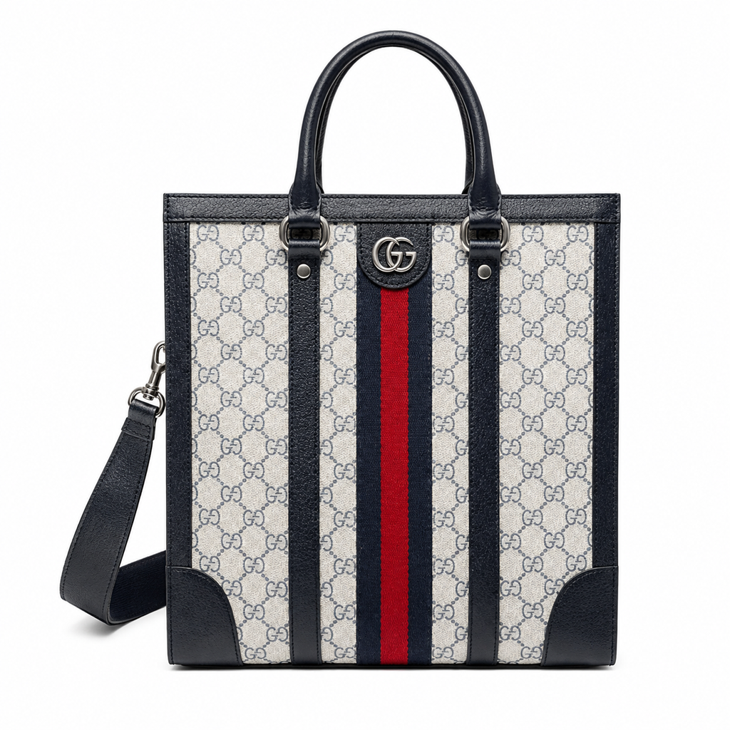 Gucci Ophidia GG Supreme Medium Tote Bag – Navy Leather Trim Web Stripe Silver GG