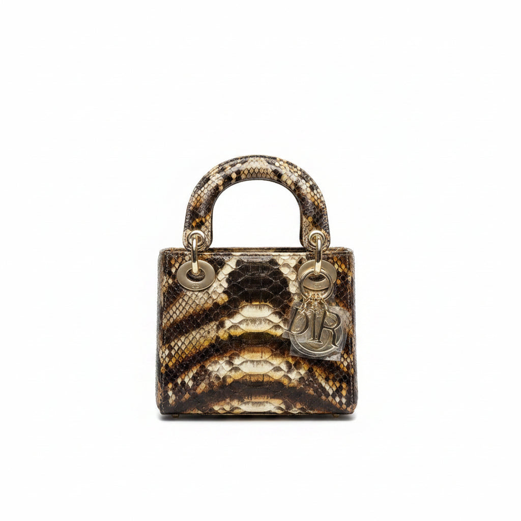 Dior Lady Dior Mini – Python Exotic Skin Brown Gold Tonal Silver Hardware DIOR Charm Chain Strap