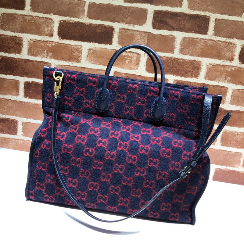 Gucci GG Wool Jacquard Large Tote Bag – Navy Blue & Red