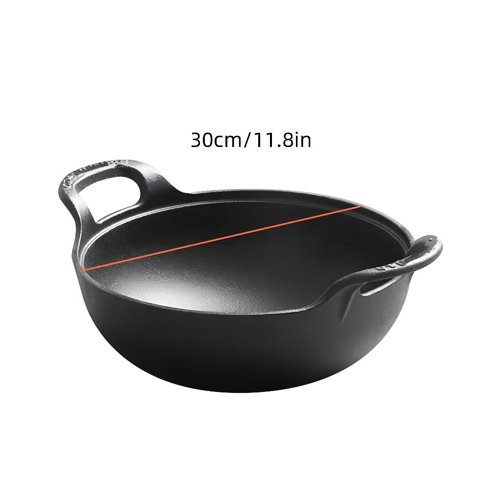 Cast Iron Wok Skillet Non-Stick Deep Stir Fry Pan with Dual Handles - Uncoated Traditional for Home Cooking, Dining and Outdoor Meals