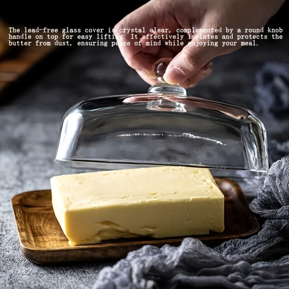 Butter Dish, Wooden Base Clear Glass Cloche Lid and 18 x 12 x 10.9 cm Serving Tray for Table Use