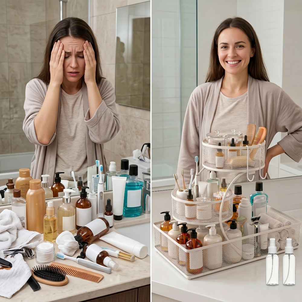 Bathroom Rack in a Metal Design with a Spray Bottle and the Hooks