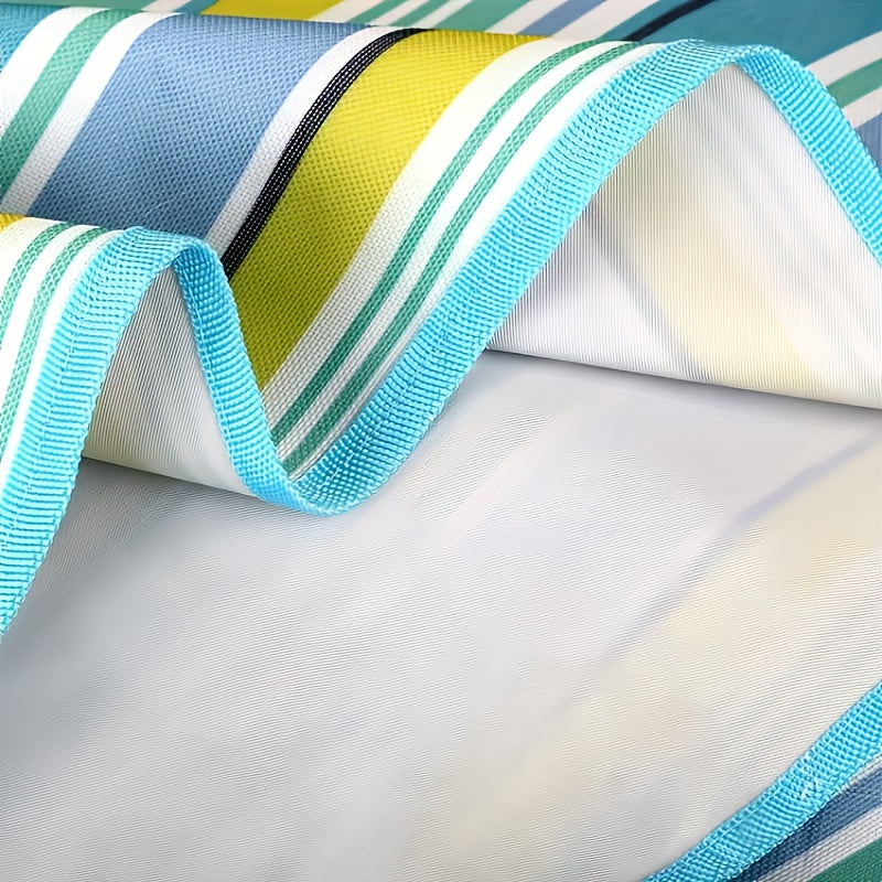 Blue Striped Picnic Blanket with Integrated Carry Flap, Top Handle and 78 x 60-Inch Pictured Size
