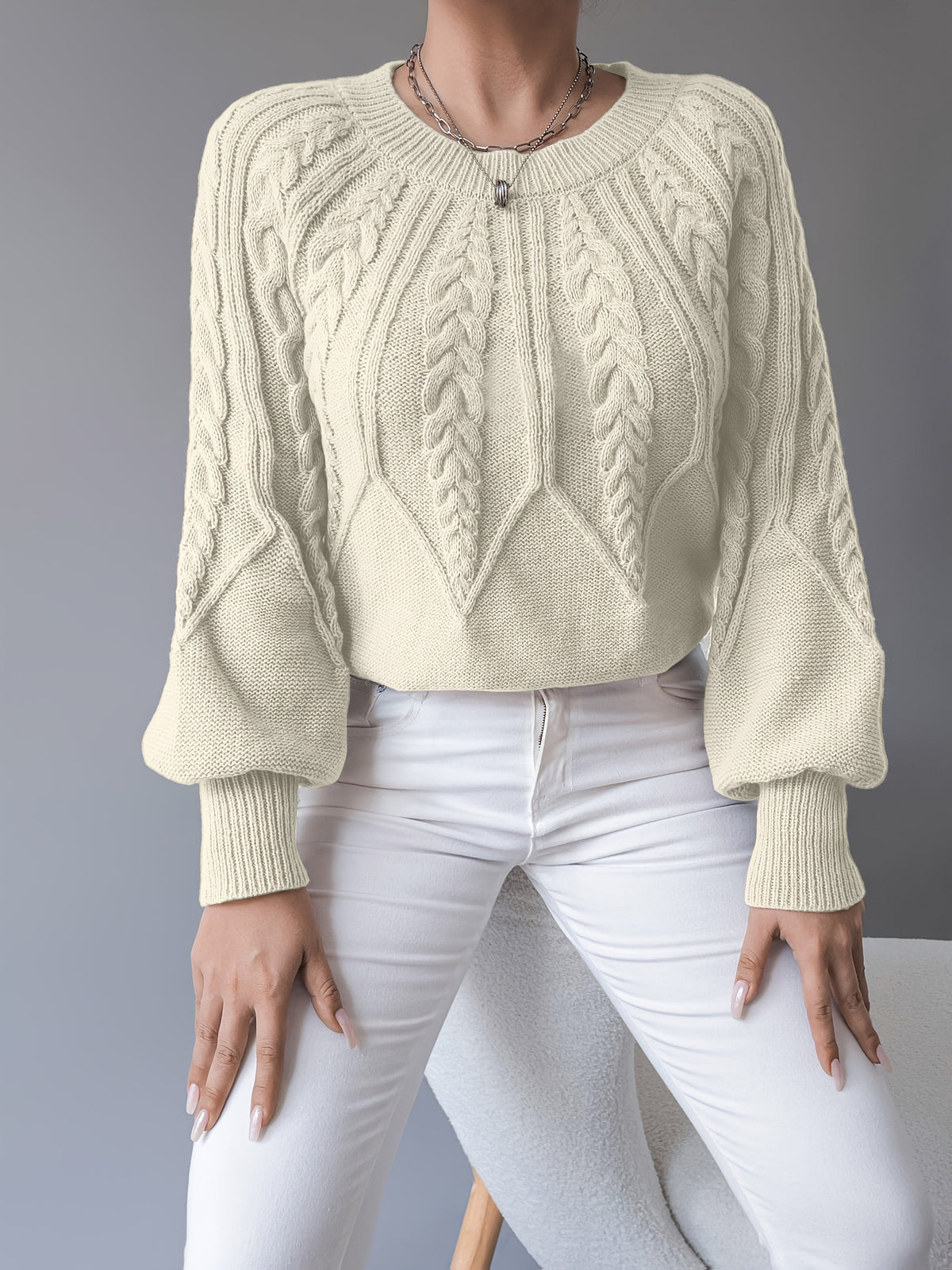 Odette | Cable-Knit Lantern Sleeve Sweater