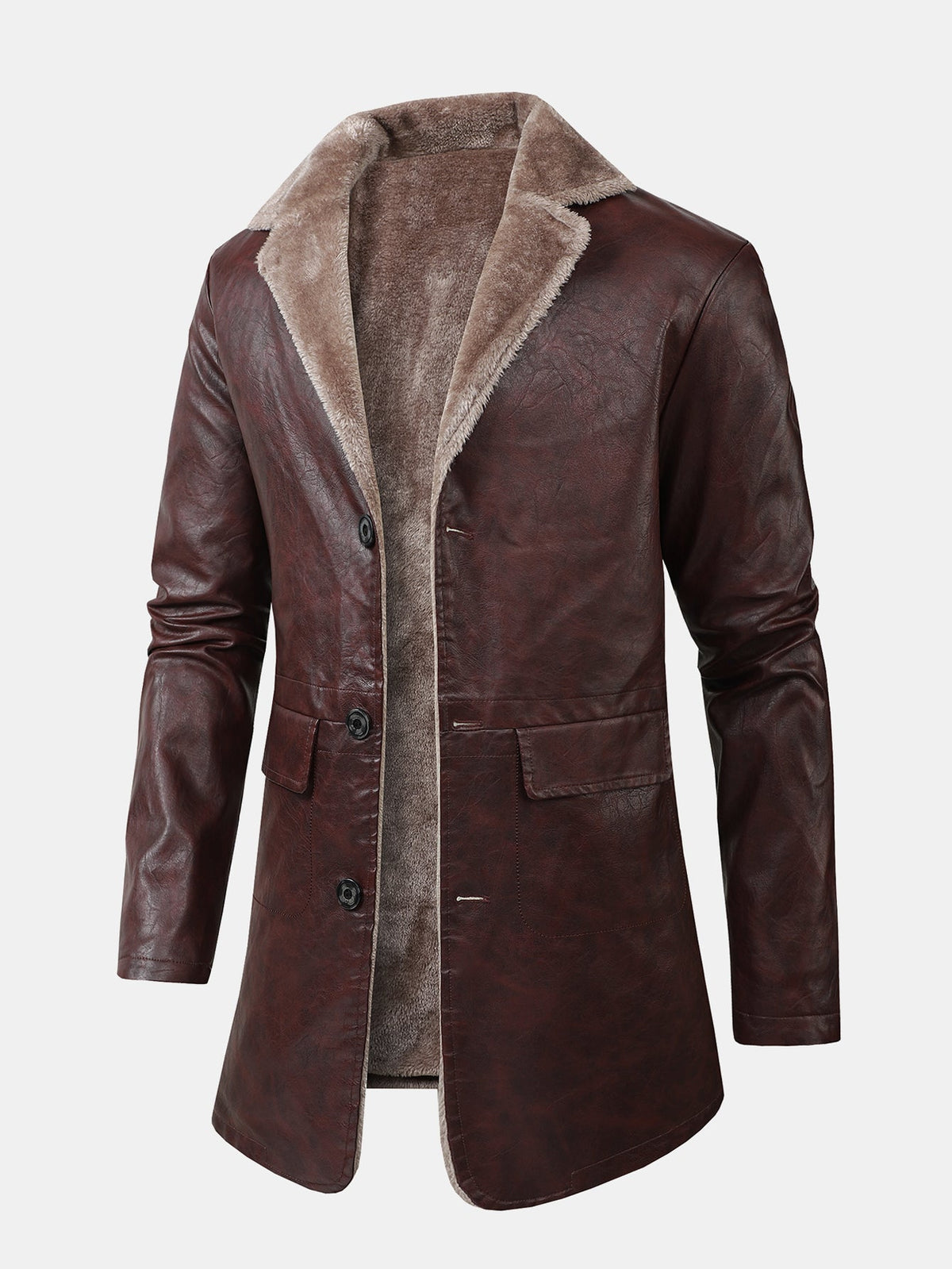 Faux Fur Lined Long Line PU Leather Coat