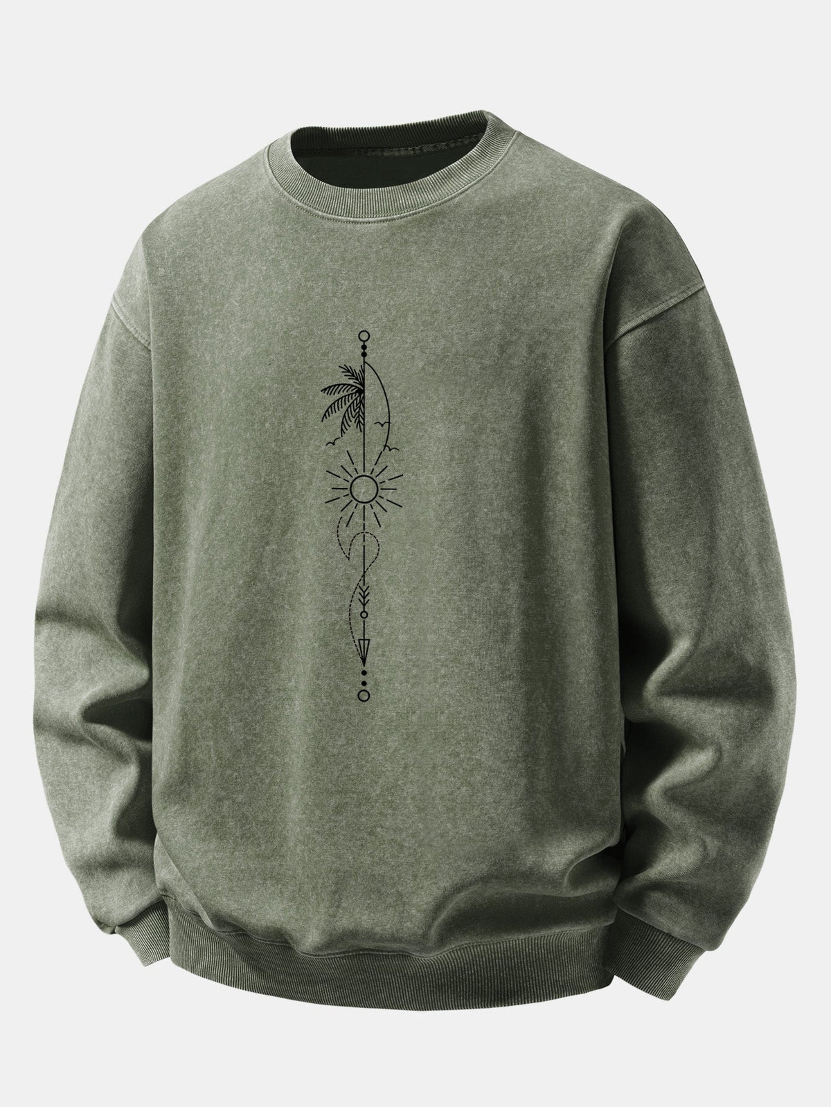 Relaxed Fit Sun Palm Tree Arrow Print Washed Distressed Sweatshirt