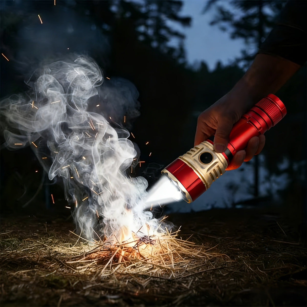 Flashlight Fresnel Lens Rechargeable Hand Torch with 21700 3500mAh Battery in Red Finish for Outdoor Use