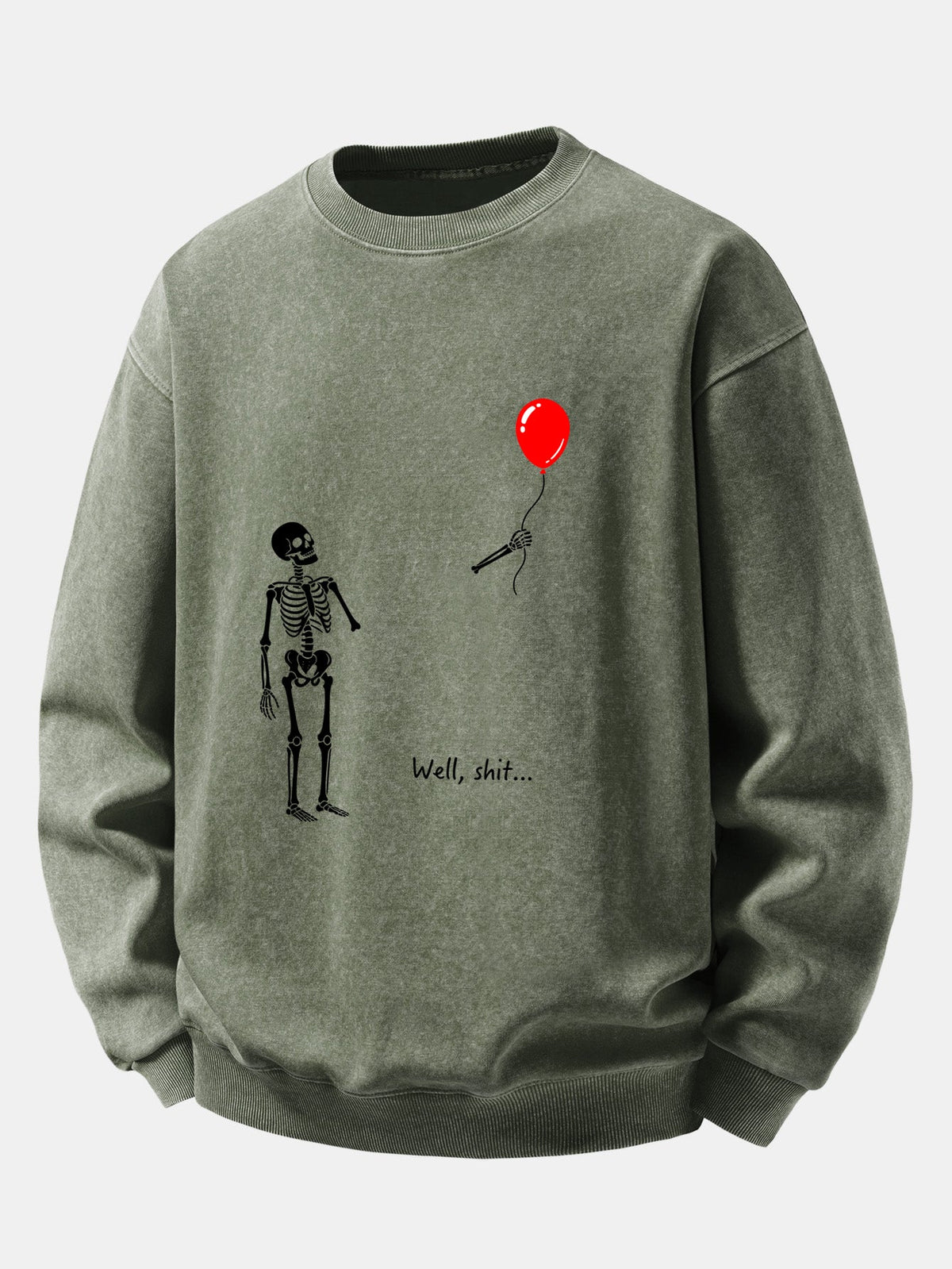 Relaxed Fit Funny Skeleton Balloon Print Washed Distressed Sweatshirt