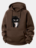 Black Cat Drinking Coffee Print Drawstring Hoodie