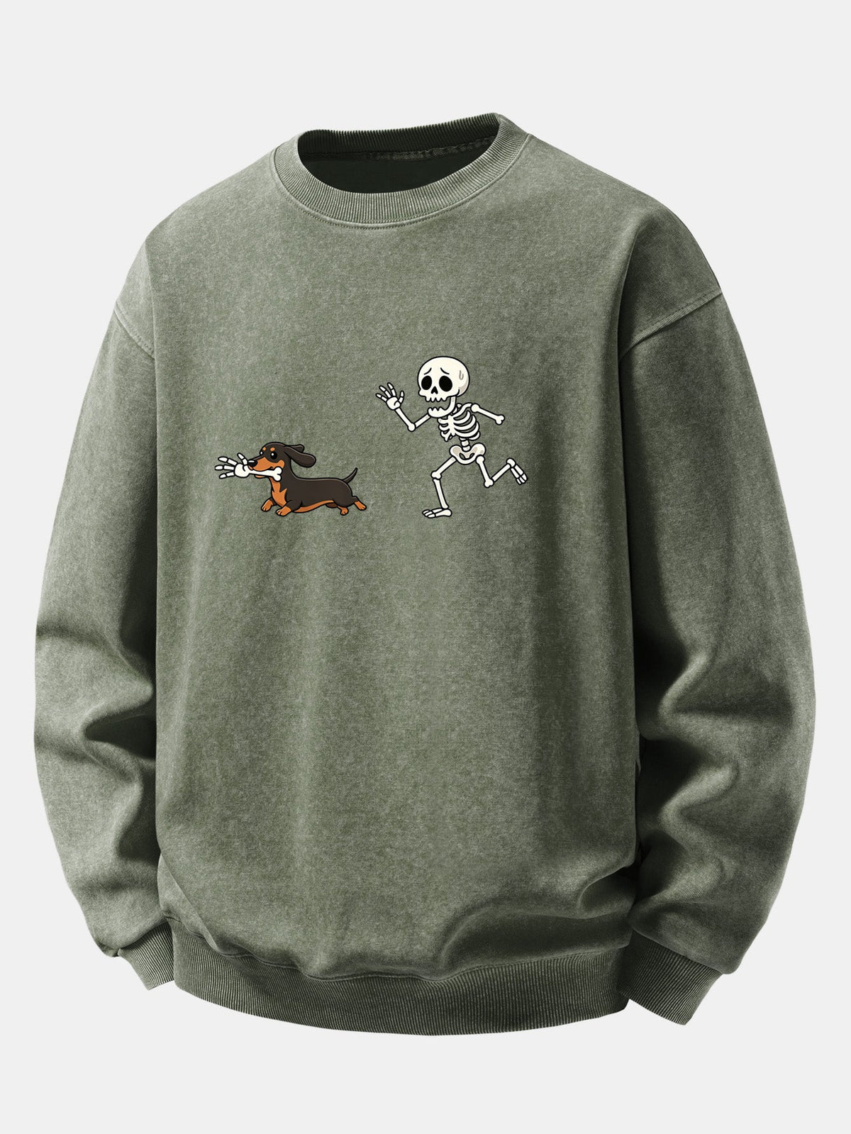 Relaxed Fit Skeleton Chasing Dachshund Print Washed Distressed Sweatshirt