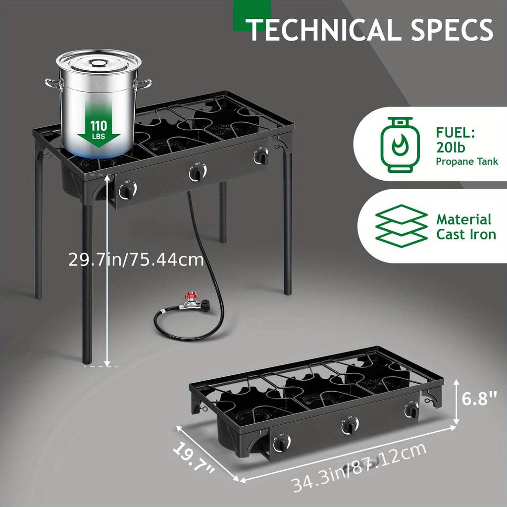Outdoor Propane Burner Stove Cast Iron 1 or 3 Burner, 225000 BTU High-Pressure Cooker with Adjustable Heat