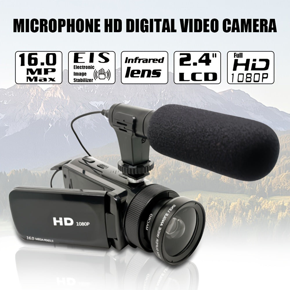 Digital Video Camera HD 1080P for Family with Flip Screen & External Microphone, 16MP 16X Zoom Compact Camcorder