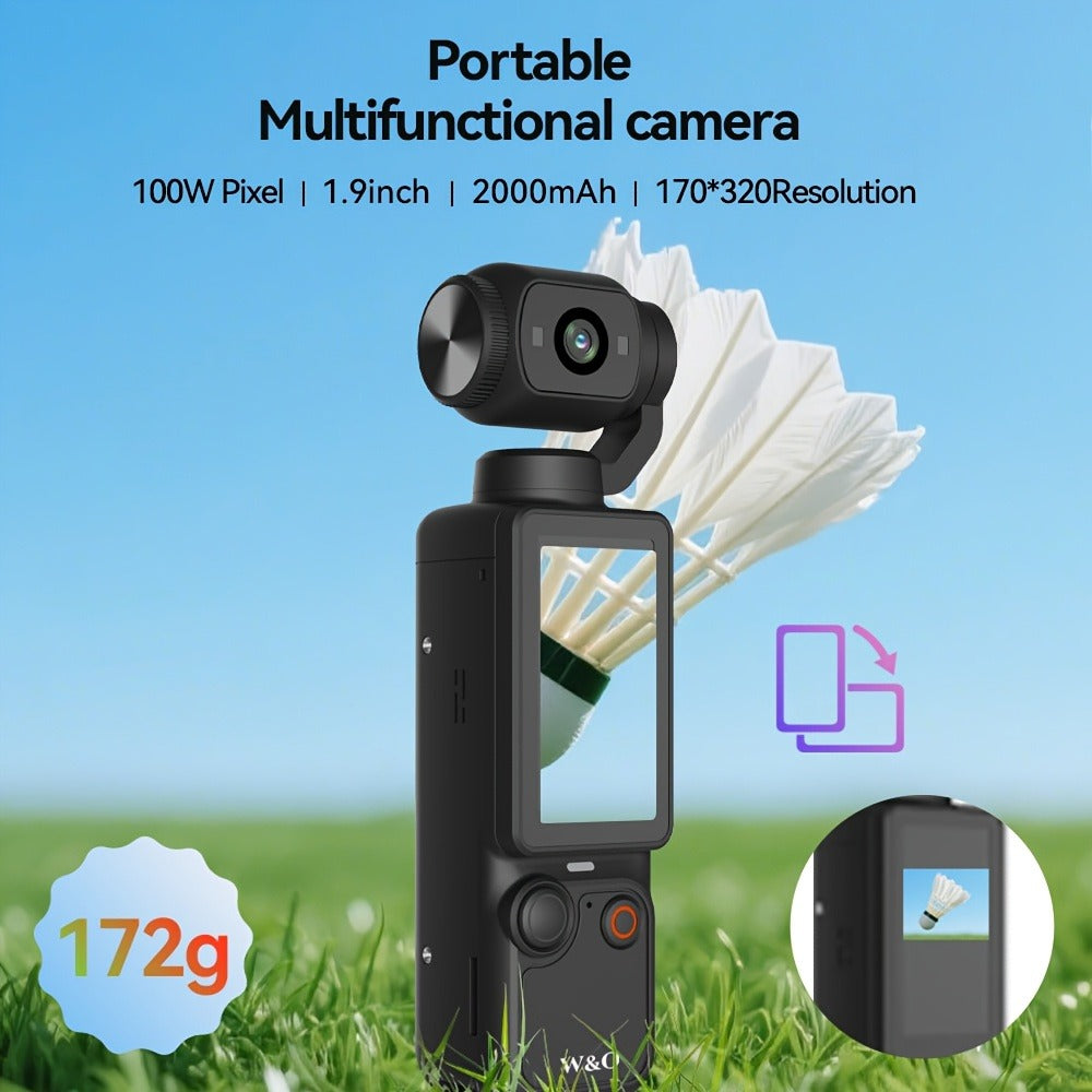 W&O Pocket Camera with Webcam Function, 1.9" Screen, 180° Rotating Shot, 2000mAh Battery, USB-C Charging