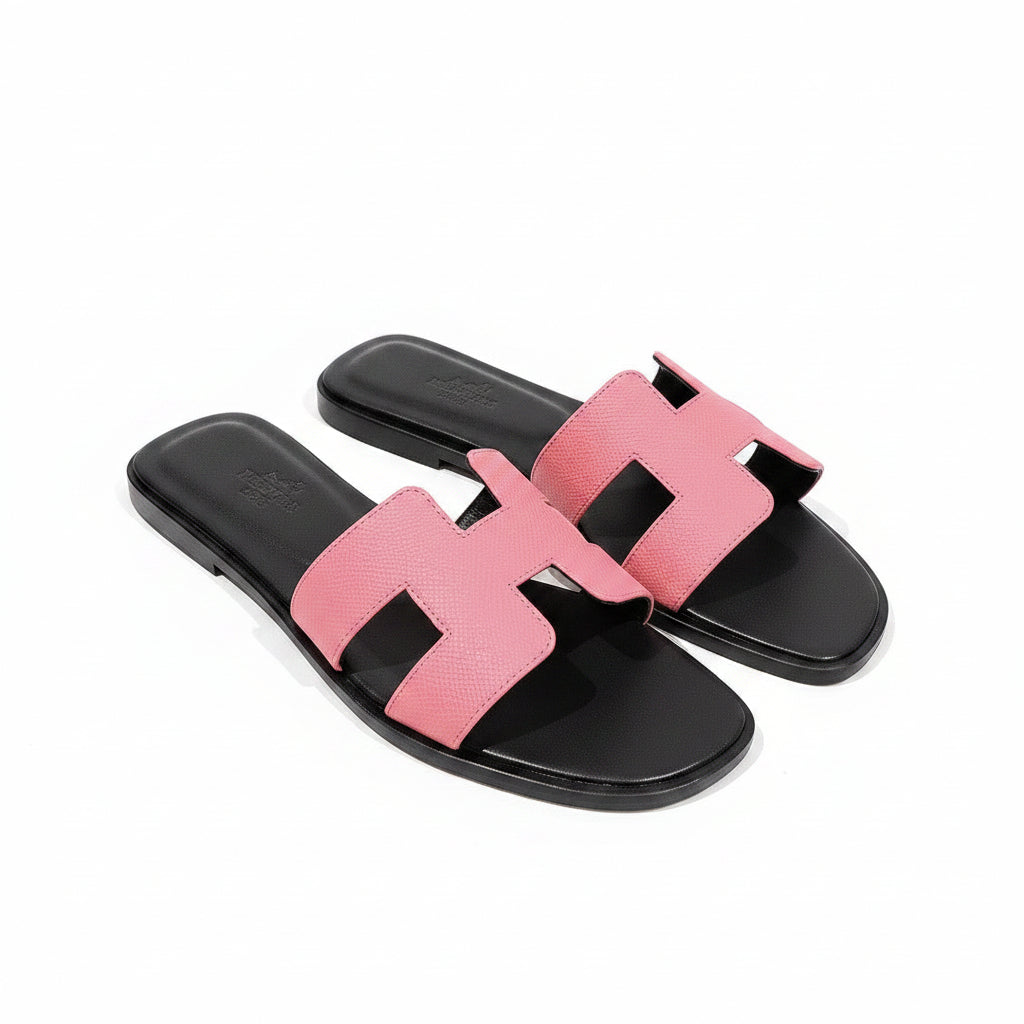 Hermès Oran Flat Sandals — Rose Pink & Black