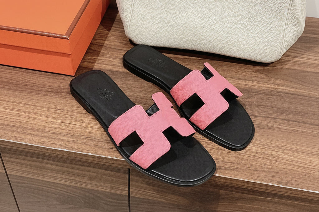 Hermès Oran Flat Sandals — Rose Pink & Black