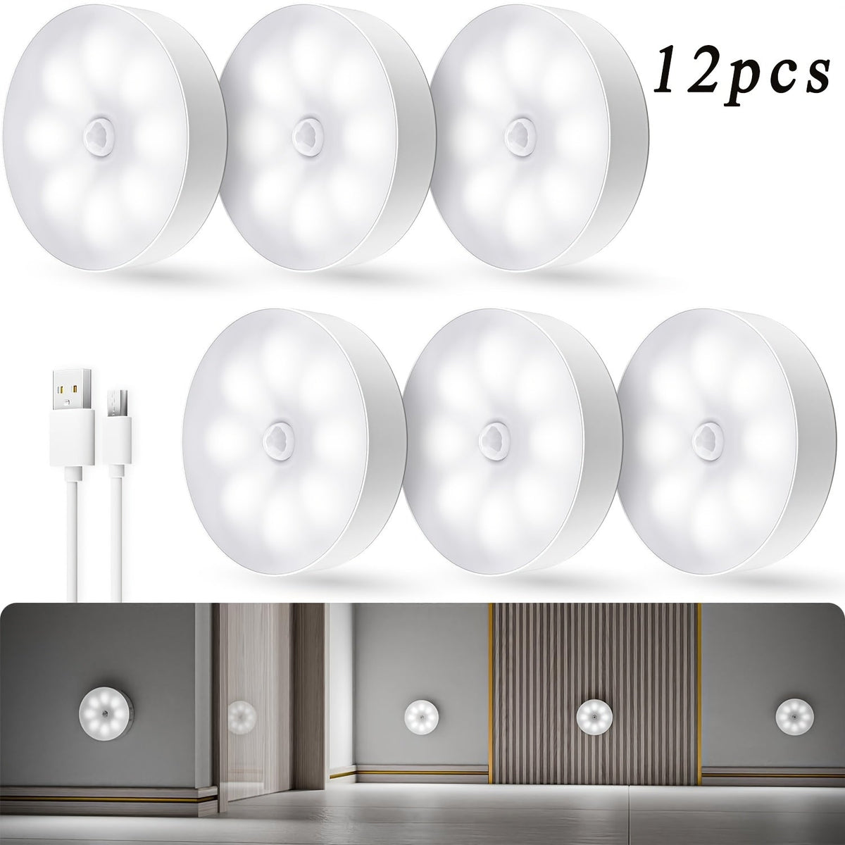 Motion Sensor Night Light, Wireless USB Rechargeable, Dimmable Wall Lamp Dual Mode PIR for Home Cooking