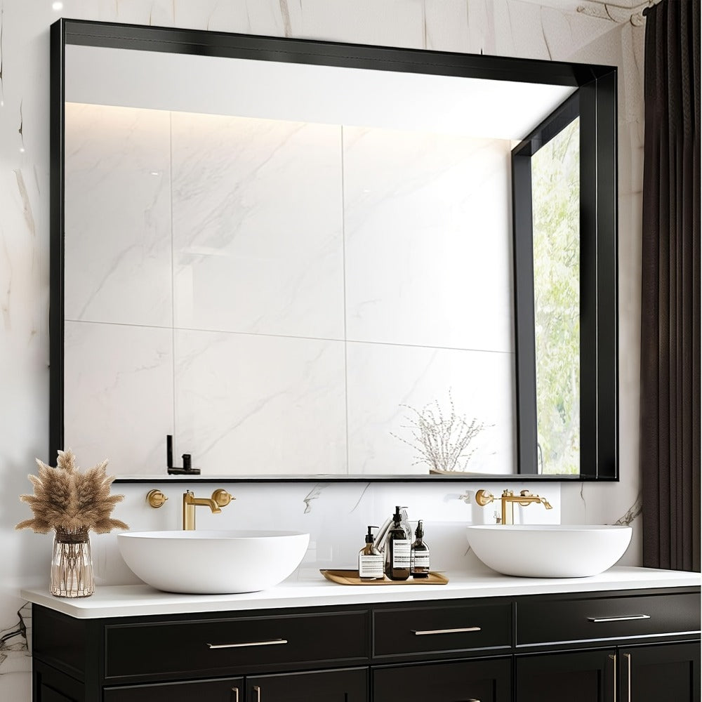 Bathroom Mirror with Rectangular Metal Frame, Horizontal or Vertical Wall Mounting in Three Finishes