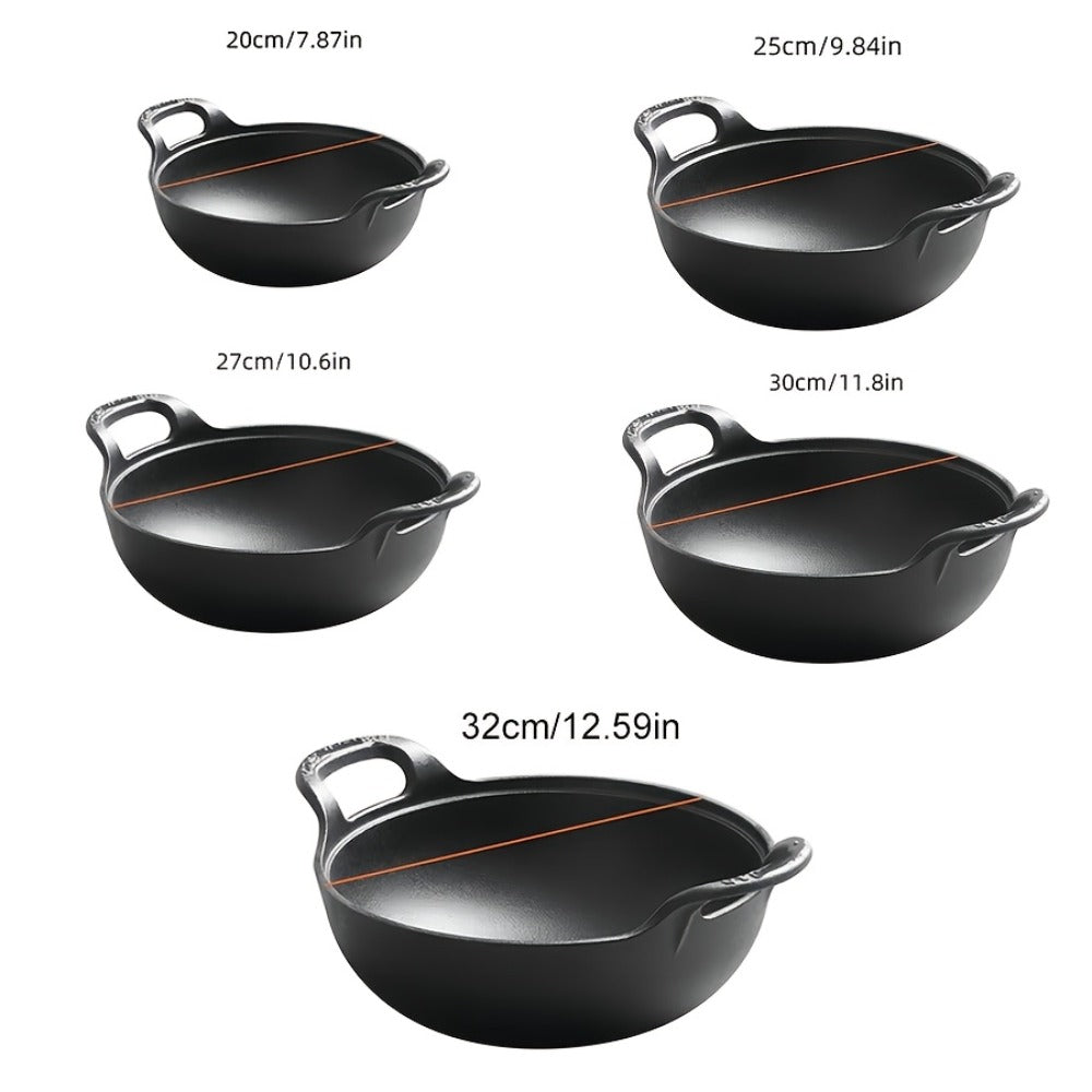 Cast Iron Wok Skillet Non-Stick Deep Stir Fry Pan with Dual Handles - Uncoated Traditional for Home Cooking, Dining and Outdoor Meals