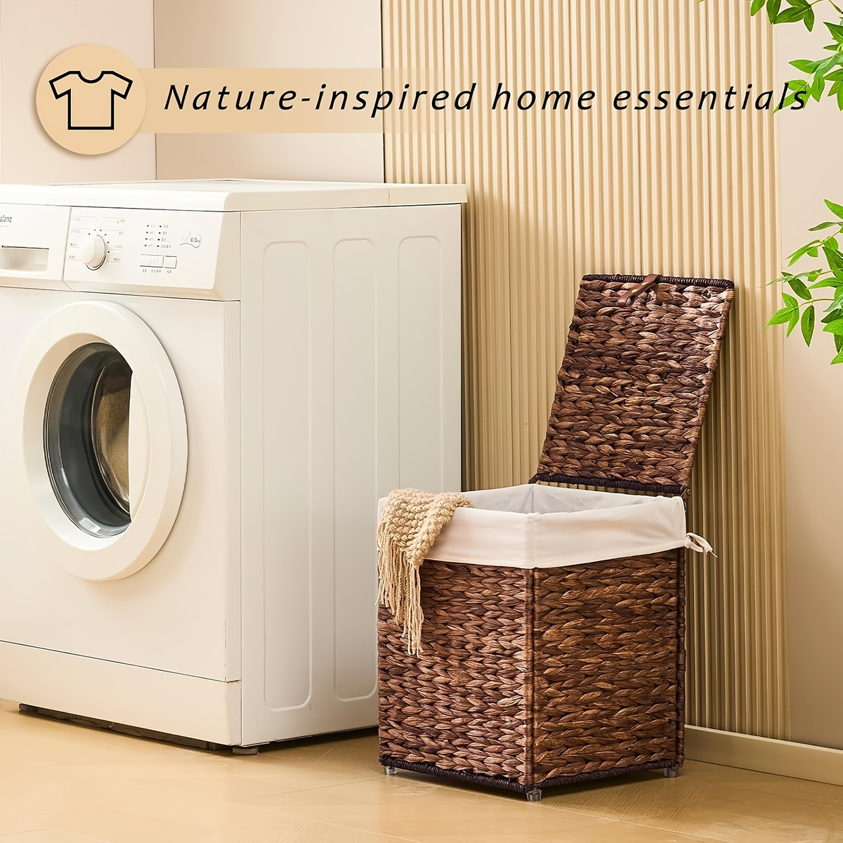 Laundry Basket with Lid & Handles - Handwoven Water Hyacinth Wicker Hamper, Removable Cotton Liner