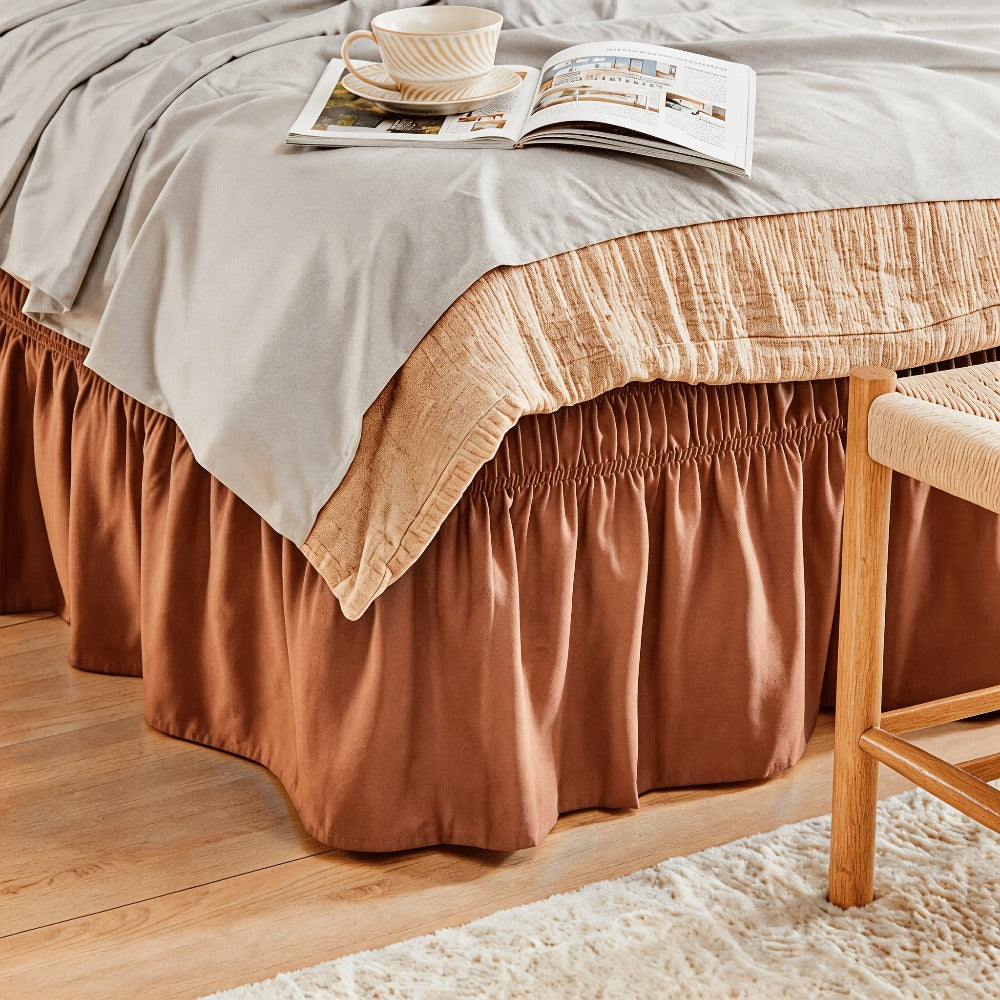 Bed Skirt Elastic Wrap Around Ruffle - 15 Inch Drop Microfiber Dust Ruffle, Adjustable No-Lift Fit, Fade Resistant Machine Washable, Hotel Quality Bedskirt for Twin Full Queen King, 30 Colors