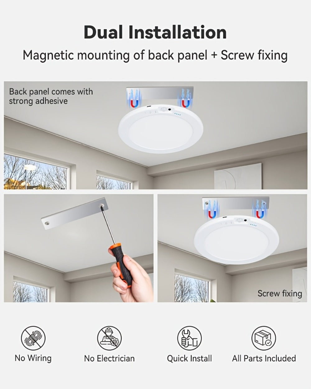 Wireless LED Ceiling Light with Motion Sensor 2 Pack - 5500mAh Rechargeable, Remote Control, 3 Brightness Modes