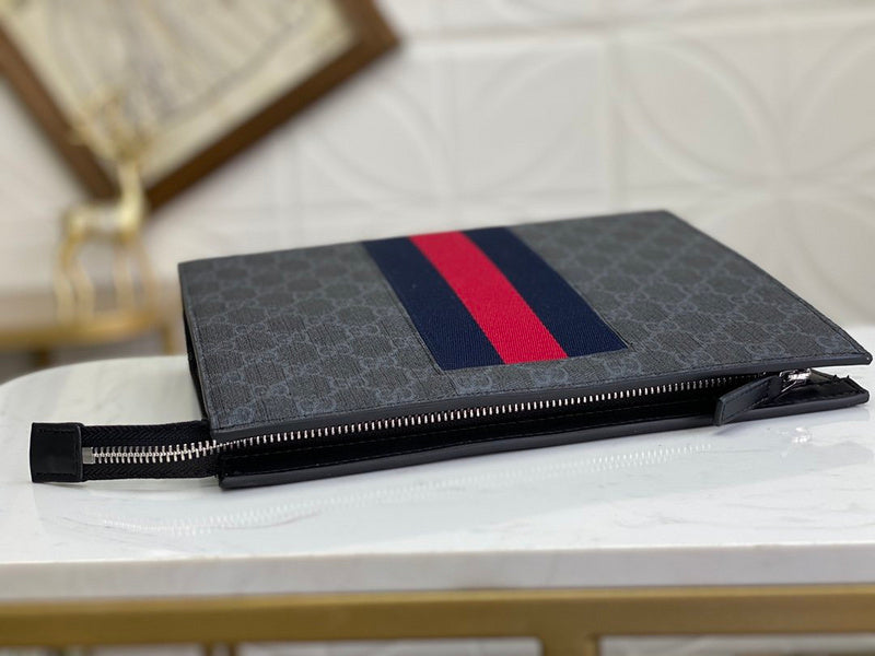 Gucci GG Supreme Web Stripe Zip Pouch Clutch – Black Grey