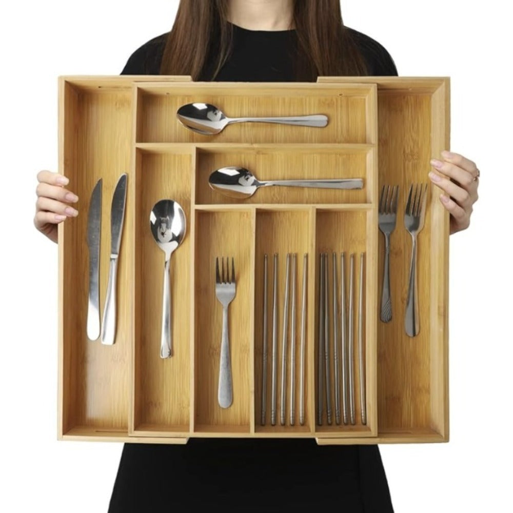 Nine-Compartment Bamboo Drawer Organizer, Expandable Adjustable Silverware and Cutlery Tray for Kitchen Storage
