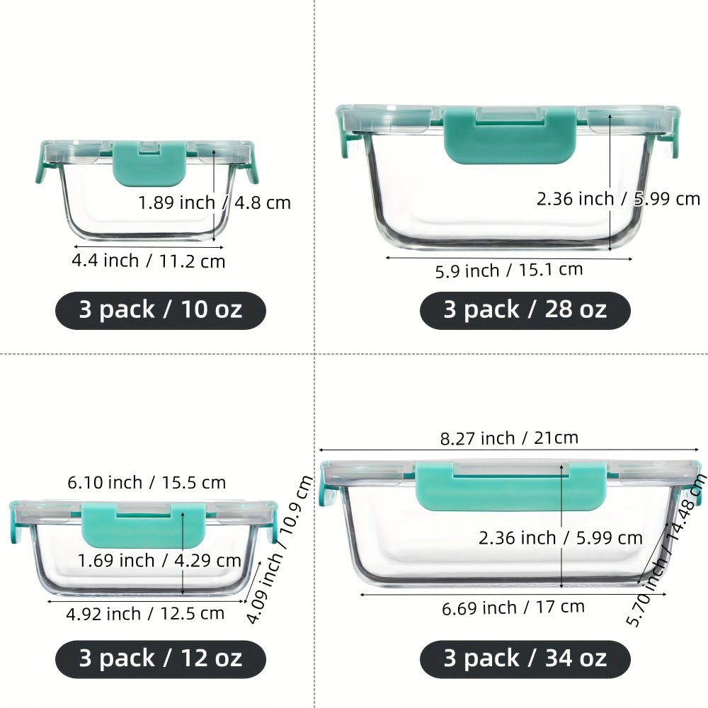 Glass Food Storage Containers for Meal Prep, Airtight Borosilicate Kitchen Boxes, Microwave and Freezer Safe