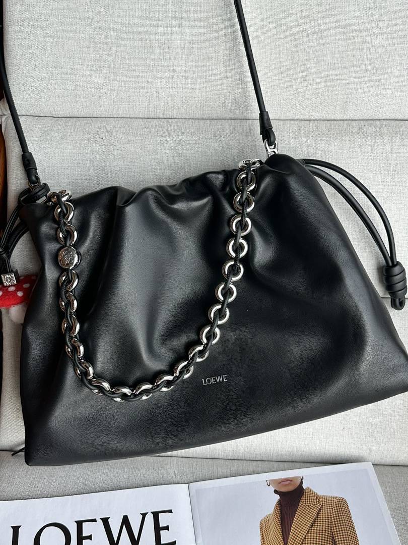 Loewe Flamenco Clutch Large – Black Nappa Leather Silver Chain Mushroom Charm
